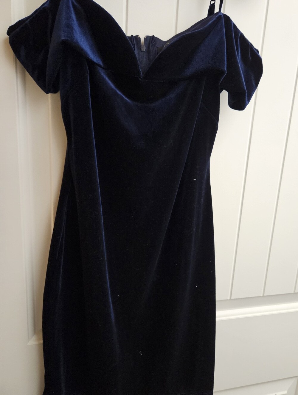 B Darlin Navy Velvet Off-Shoulder Formal Dress with Spaghetti Straps